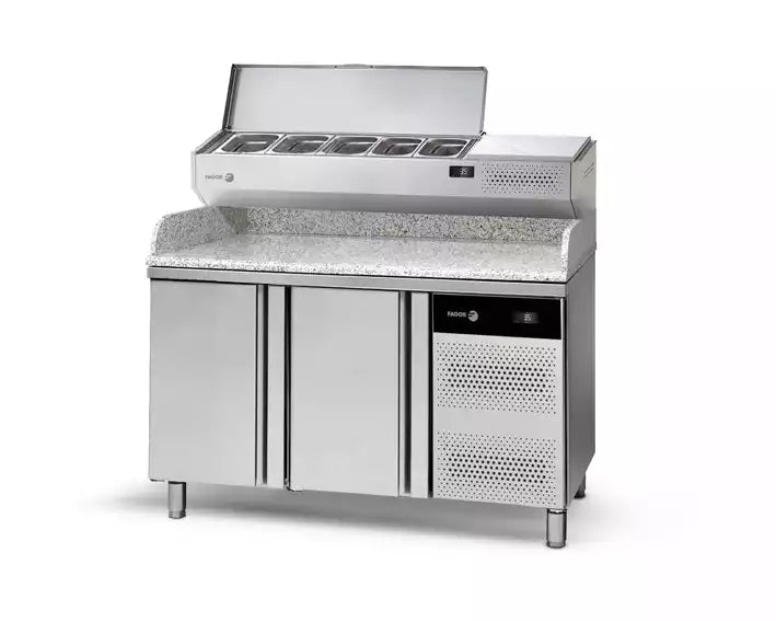 Table à pizza avec dessus granit FAGOR 2 portes + vitrine ingrédient - gamme 700 - 274 litres