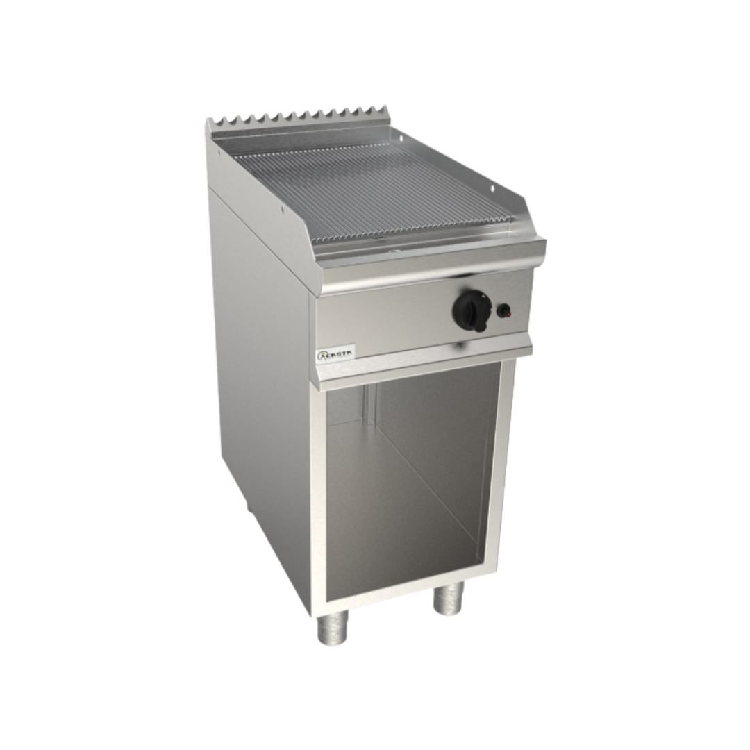 Plancha à gaz rainurée chromée sur meuble ouvert