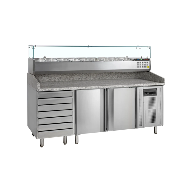 PT1310_GVC38-200 Table à pizza 2 portes + 7 tiroirs + vitrine ingrédients