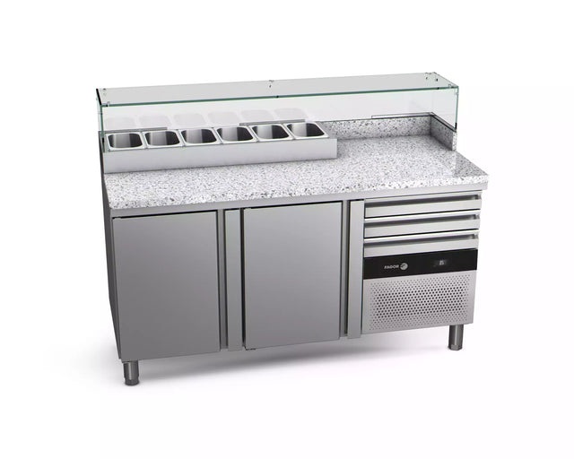 Table à pizza avec dessus granit FAGOR 2 portes + vitrine ingrédient - gamme 700 - 325 litres