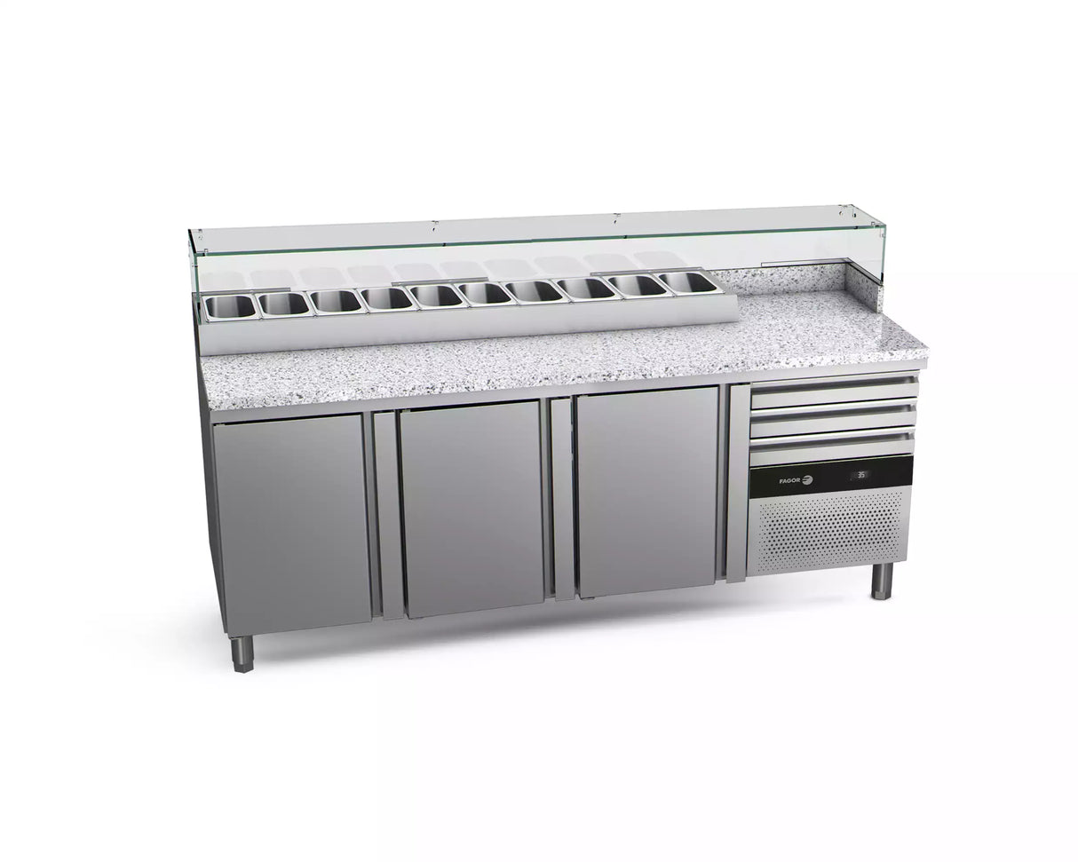 Table à pizza avec dessus granit FAGOR 3 portes + vitrine ingrédient - gamme 700 - 505 litres