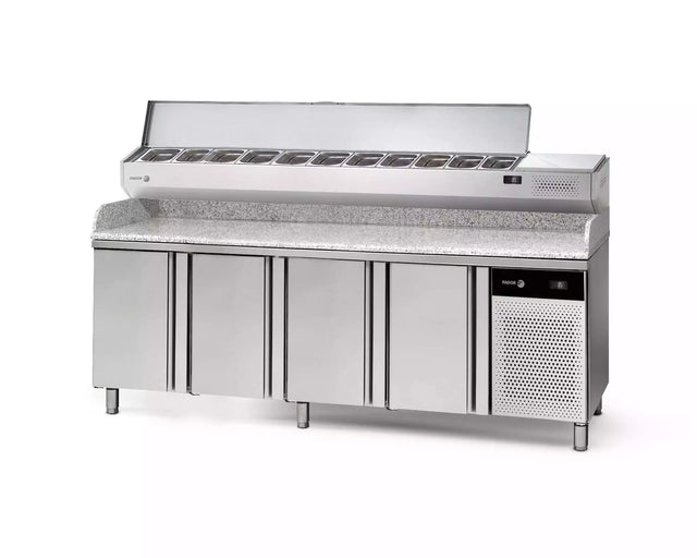 Table à pizza avec dessus granit FAGOR 4 portes + vitrine ingrédient - gamme 700 - 581 litres